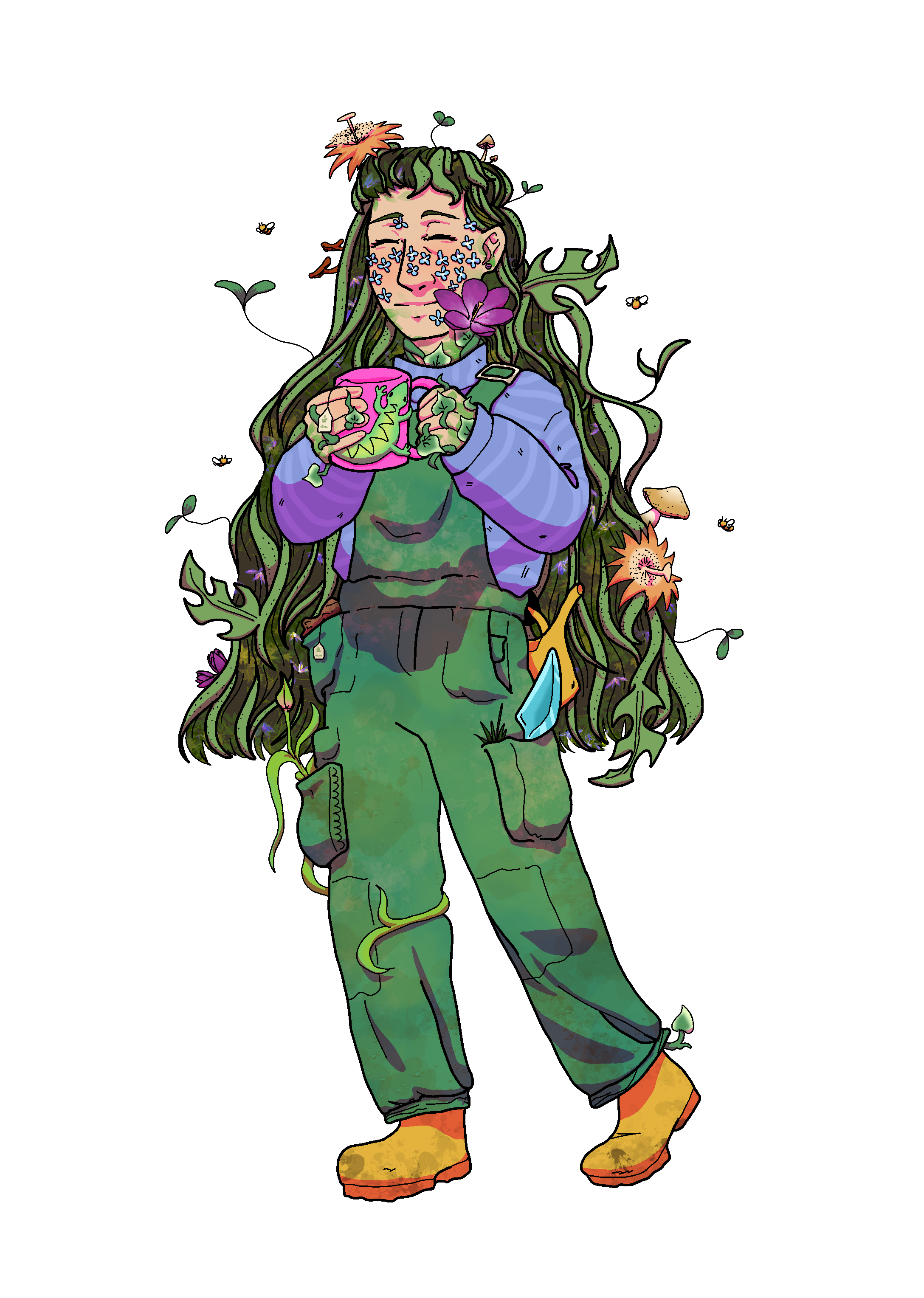 A person smiling and holding a mug. Their body is covered in many different plants.